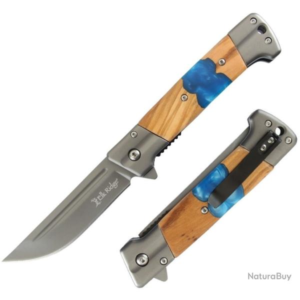 Couteau Elk Ridge A/O Blue Lame Acier 3Cr13MoV Manche Bois & R�sine Bleue Linerlock ERA2019BL