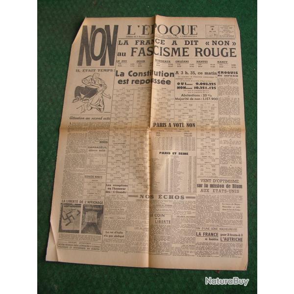 WW2 FRANCE JOURNAL FRANCAIS " L'�POQUE 6 MAI 1946 " �POQUE ARMISTICE A+1 (39-45)