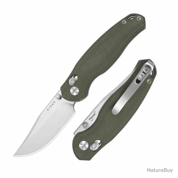 Couteau Kizer Phoca CC Lame Acier AEB-L Manche Micarta Green Clutch Lock KIV3780A1