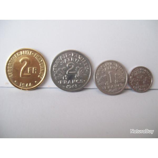 pi�ces de monnaies 2 francs 1 franc 50 centimes alu 2 francs laiton 1944 2�me guerre 39/45