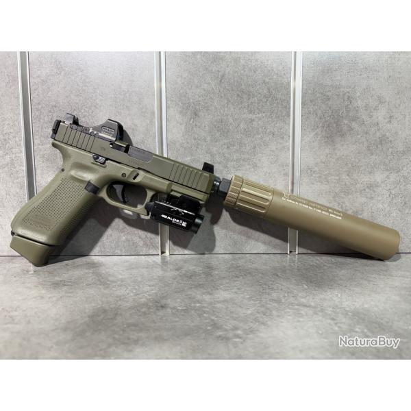 PACK GLOCK 45 Hunter Calibre 9 mm Para (Pistolet + Silencieux + Point rouge + Lampe Laser Vert)