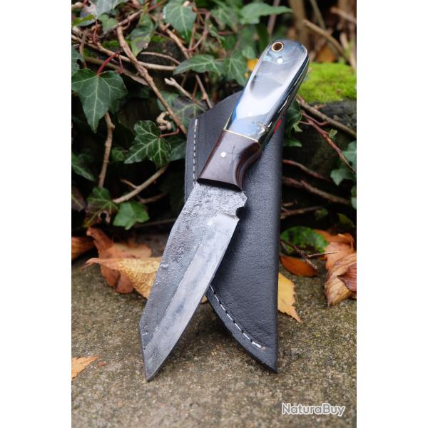 Couteau Skinner Bushcraft Lame Sheepfoot Acier Carbone 1075 Manche Rsine Etui Cuir Artisanale