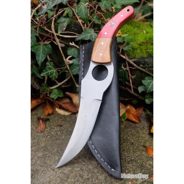 Couteau De Cuisine & Rando Lame Acier Carbone 1055 Faon Huusk Etui Cuir Manche 2 Bois F Artisanat