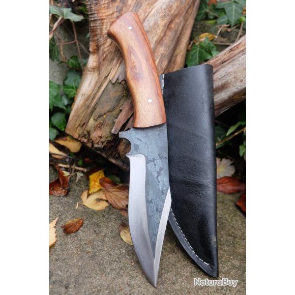 Couteau Bowie Bushcraft Lame Acier Carbone 1075 Manche Bois Etui Simili Fab Artisanale