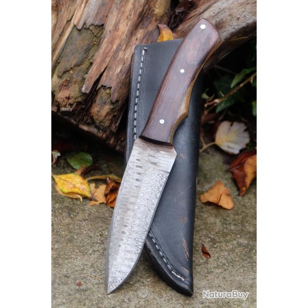 Skinner Couteau de Chasse Damas Lame 256 Couches Manche Bois de Rose Fabric Artisanale Etui Cuir