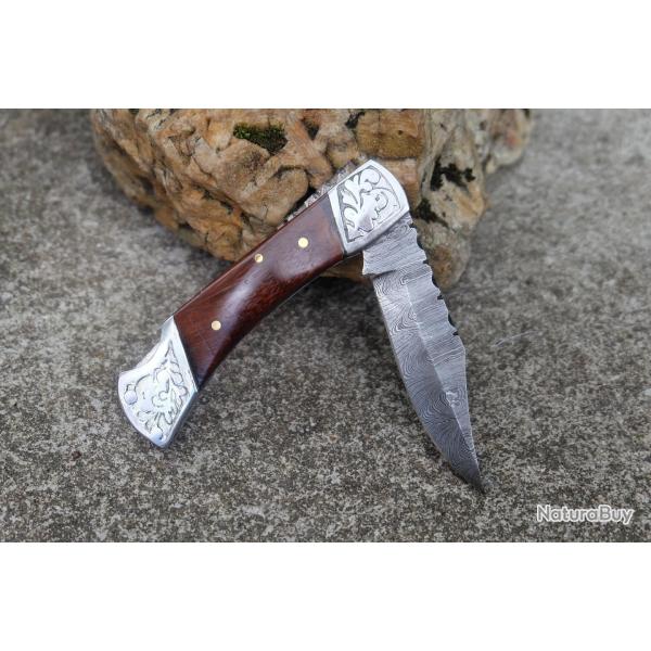Couteau Lame Damas 128 Couches Style Buck 112 Manche Rosewood Fabr Artisanale Scurit Lockback 01