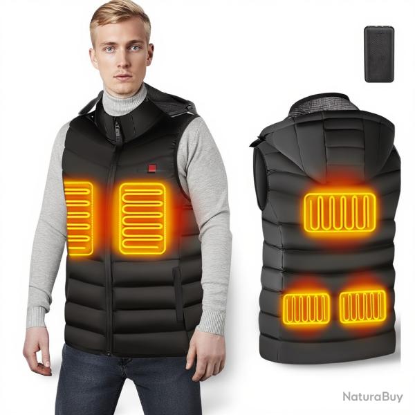 Gilet chauffant avec capuche et batterie 20 000mAh - capuche amovible, dos et lombaires -