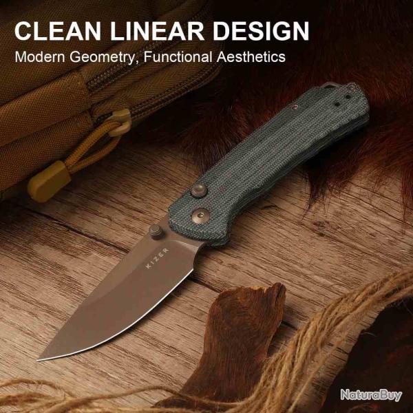 Couteau Kizer Task I T1 BD Gray Lame Acier Nitro-V Manche Norplex Ultrex Micarta Button KIV34902BA2