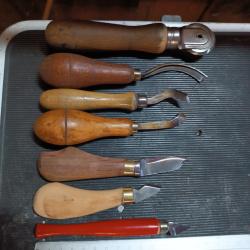 Lot outils cordonnier coutelier travail du cuir couperet tranchet roulette bisauteur