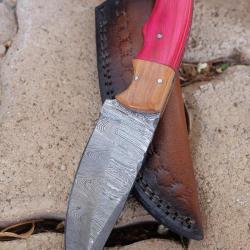 Couteau Bowie Damas Lame Acier 256 Couches Manche Bois Fushia Etui Cuir Fabric Artisanale