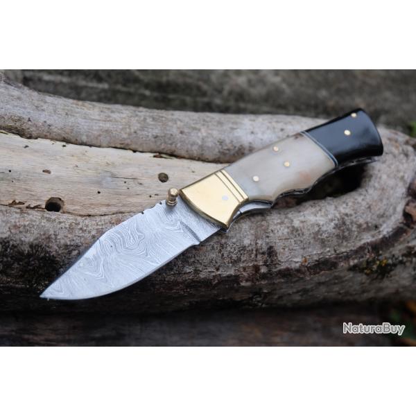 Beau Couteau Damas Lame Drop Point 128 Couches Manche Blier & Rsine Fabric Artisanale Linerlock 02