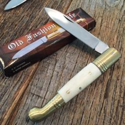 Couteau Navaja Lame Acier Inox Manche Os Blanc façon Ivoirine Cran Forcé