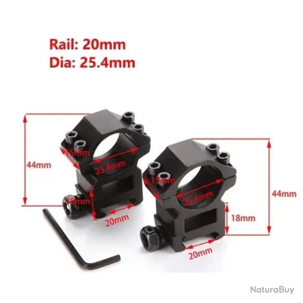 Colliers/Anneaux Montage 20mm Rail Weaver/Picatinny Haut 18mm Diamtre 25.4mm Lunette de Vise
