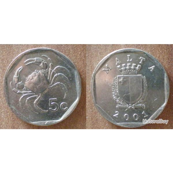 Malte 5 Cents 2001 Piece Liri Lira Ile