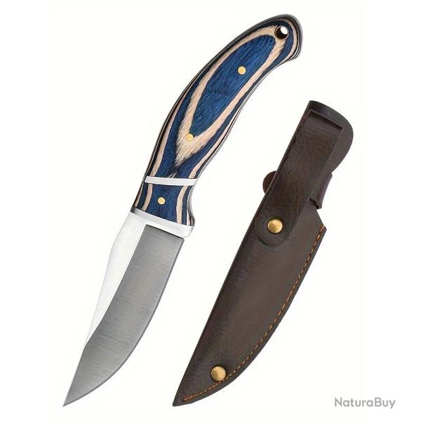 Couteau de Poche Droit Fixe en Acier Inox et Manche en Bois tui Cuir PU - Stock France pice unique