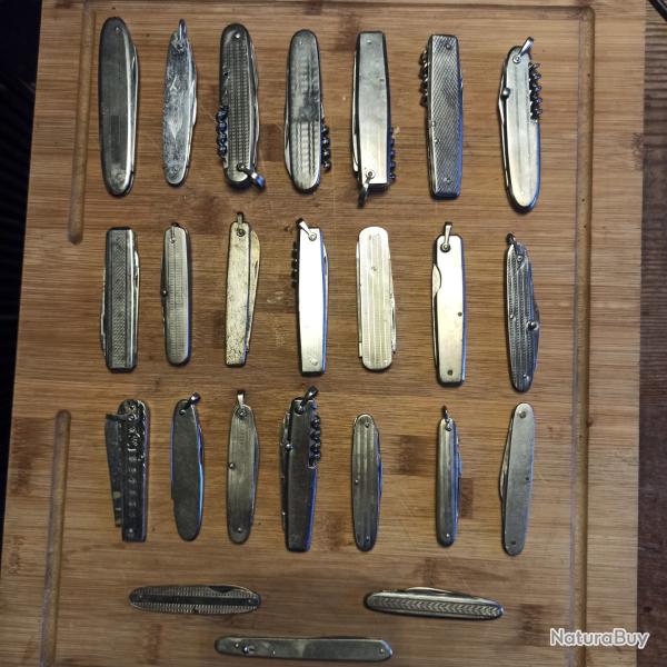 Lot indissociable de 24 petits couteaux pliants divers en mtal - voir photos