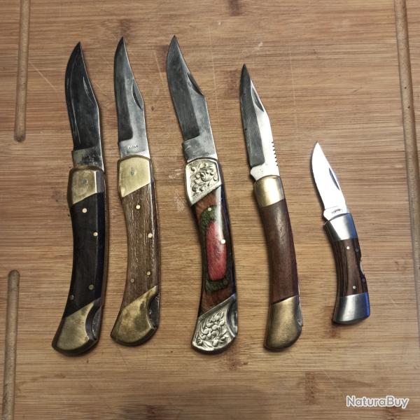 Lot indissociable de 5 couteaux pliants bois et laiton avec verrou voir photos