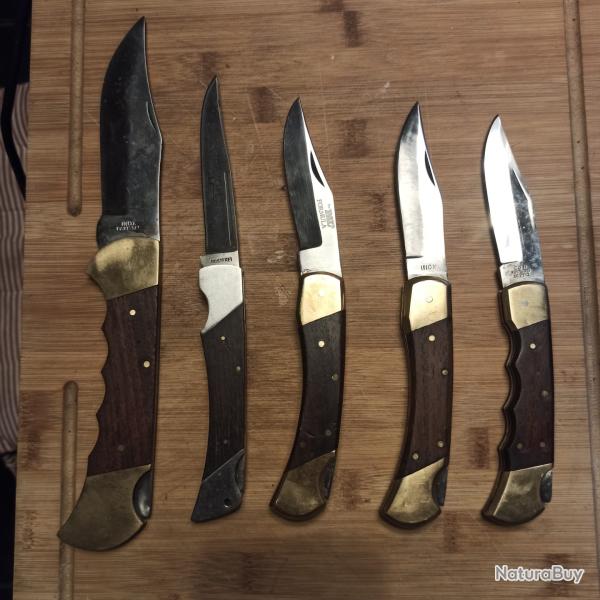 Lot indissociable de 5 couteaux pliants bois et laiton avec verrou, grands modles