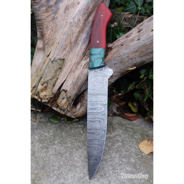 Couteau De Cuisine de Chef Lame Acier Damas 256 Couches Manche Bois & Rsine Fabrication Artisanale