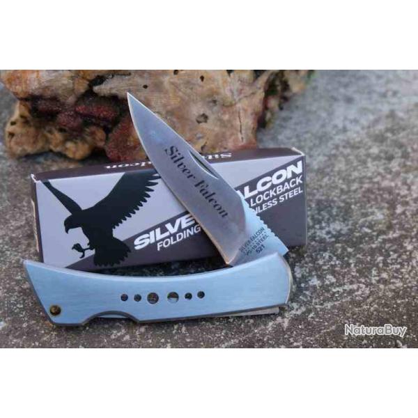 Couteau Silver Falcon Lame Acier VG-10 Manche Acier Inoxydable Lockback Ouverture 2 mains