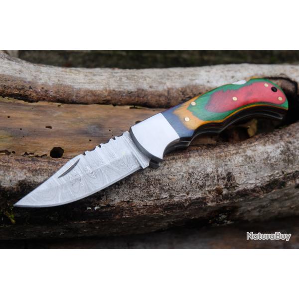 Couteau Lame Damas 128 Couches Manche Bois Arlequin Faon Buck 112 Lockback Fabr Artisanale
