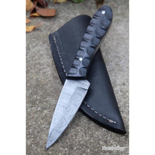 Skinner Couteau de Chasse Damas Lame 256 Couches Manche Bois Black 3D Fabric Artisanale Etui Cuir