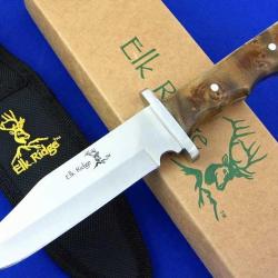 Couteau de Chasse Elk Ridge Lame Acier Inox Manche Bois Burl Étui Nylon Bushcraft Randonnée ER101