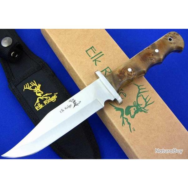 Couteau de Chasse Elk Ridge Lame Acier Inox Manche Bois Burl tui Nylon Bushcraft Randonne ER101