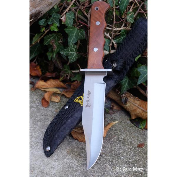 Couteau de Chasse Elk Ridge Lame Acier Inox Manche Bois Burl tui Nylon Bushcraft Randonne