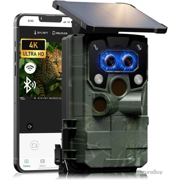 Camra de Chasse Solaire Double Objectif 4K UHD 60MP Starlight WiFi Vision Nocturne IP66 tanche