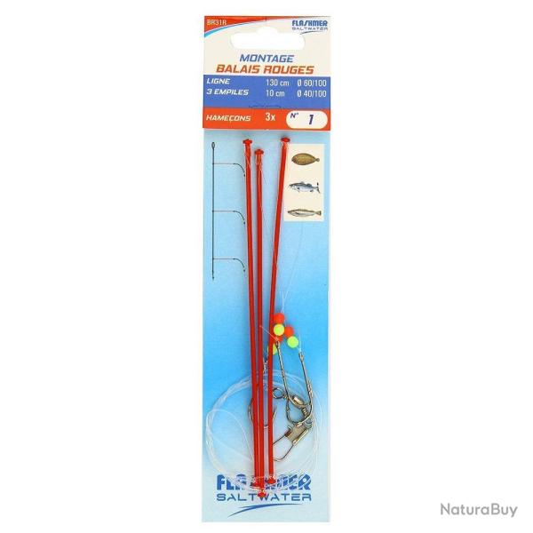 BAS DE LIGNE MER BALAIS ROUGE 3 HAMECONS NO1 - 1 - FLASHMER