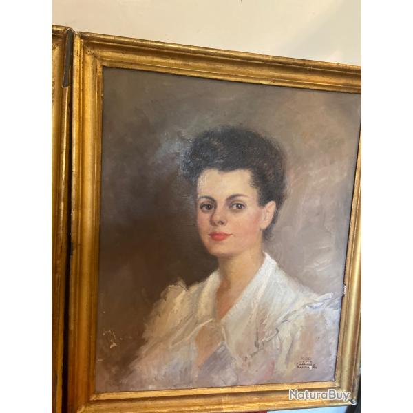 Tableaux portraits anc�tres  19e. Pr�voir retouches sur toile  dimensions 60x73.