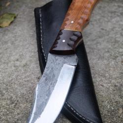 Couteau Skinner de Chasse Bushcraft Lame Acier Carbone 1075 Manche 2 Bois Etui Cuir Fabr Artisanale