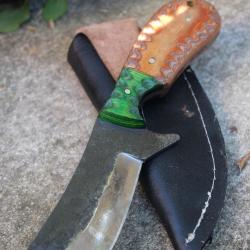 Couteau de Chasse Découpe Survie Lame Acier Carbone 1075 Manche Bois Etui Cuir Fabric Artisanale