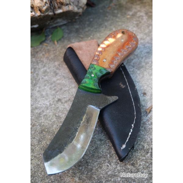 Couteau de Chasse Dcoupe Survie Lame Acier Carbone 1075 Manche Bois Etui Cuir Fabric Artisanale
