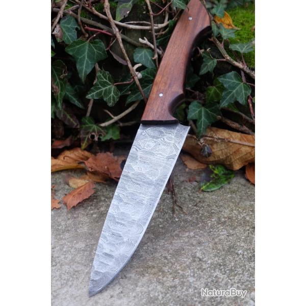 Couteau De Cuisine de Chef Lame Martele Acier Damas 256 Couches Manche Bois Fabric Artisanale