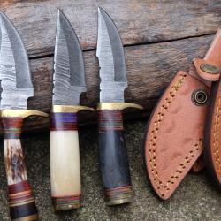 LOT DE 3 Couteau Skinner Damas Lame 256 Couches Manche Os/Corne/Cerf Fab Artisanale Etui Cuir