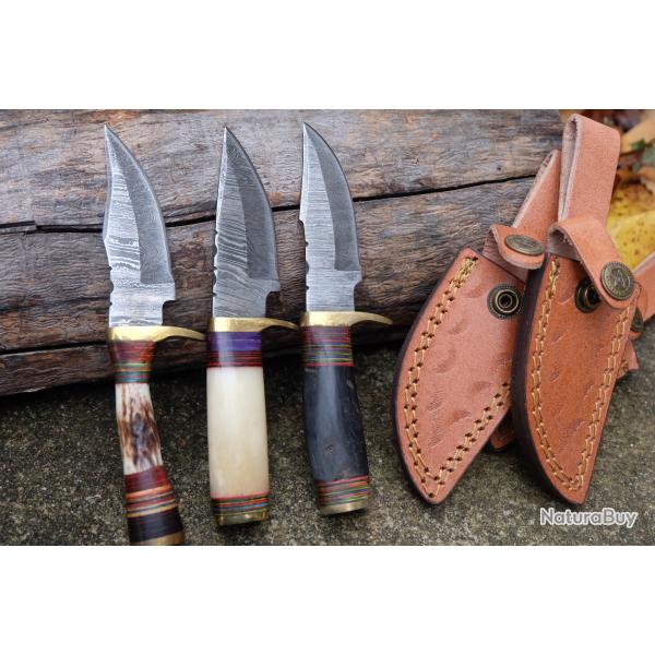 LOT DE 3 Couteau Skinner Damas Lame 256 Couches Manche Os/Corne/Cerf Fab Artisanale Etui Cuir