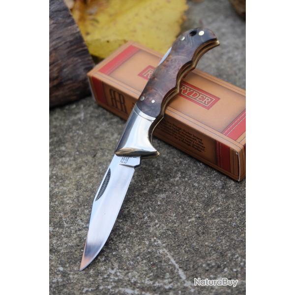 Couteau Rough Rider Finger Grooved Lockback Lame Clip Point Acier 440 Manche Bois Brun