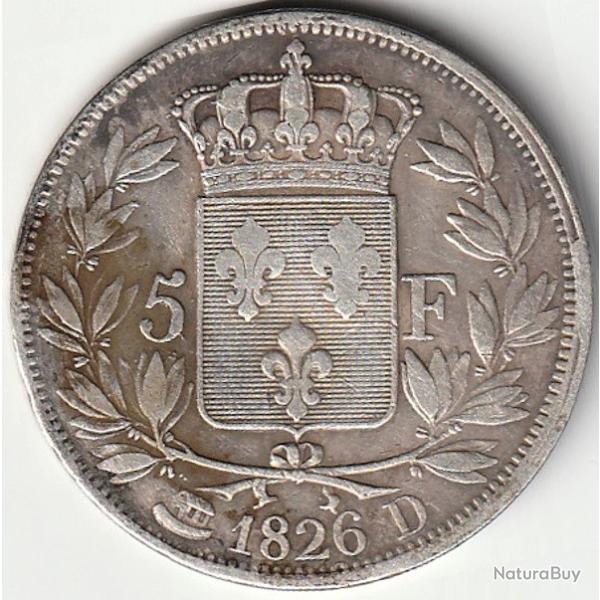 Pi�ce de Monnaie Argent France 5 francs  Charles X, 1e type 1826 LYON  Qualit�