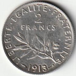 Pi&egrave;ce de Monnaie Argent France 2 francs Semeuse 1913 Rare Et Recherch&eacute;e