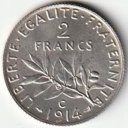 Pi&egrave;ce de Monnaie Argent France 2 francs Semeuse 1914 C Rare Et Recherch&eacute;e