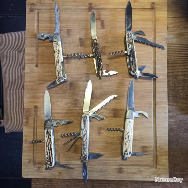 Lot indissociable de 6 couteaux pliants multilames poigne corne ou imitation
