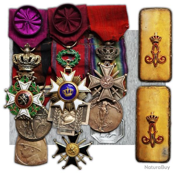 ABL : TRES RARE : BARETTE 9 M�DAILLES BELGES + EPAULETTES - WW1 ALBERT 1ER ORIGINAL