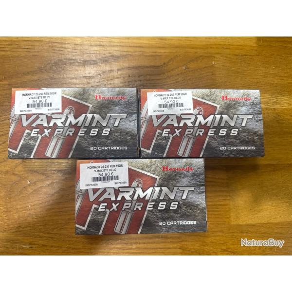 Lot de 3 botes de balles Hornady 22-250rem varmint express