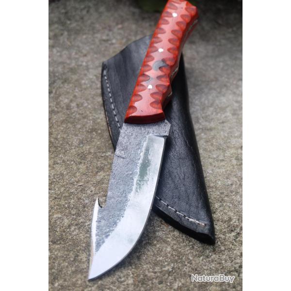 Couteau Skinner de Chasse Guthook Lame Acier Carbone 1075 Manche Bois Etui Cuir Fabric Artisanale