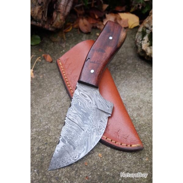Couteau Rando Couperet Butcher Chopper Damas Lame 256 Couches Manche Bois Etui Cuir Fab Artisanale