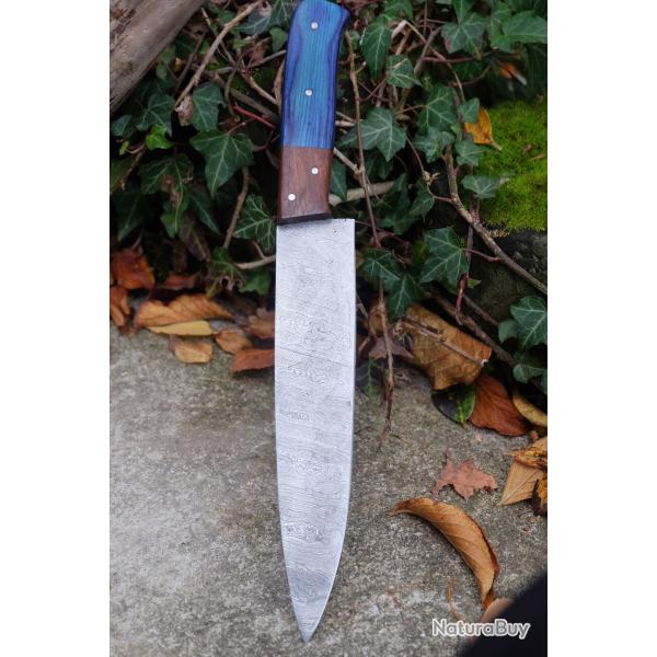 Couteau De Cuisine de Chef Lame Acier Damas 256 Couches Manche 2 Bois Fabrication Artisanale