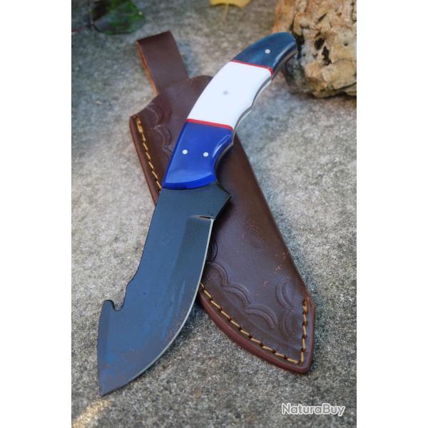 Couteau de Chasse  dpecer Crochet Lame Acier Carbone 1055 Black Manche Rsine Etui Cuir Artisanat