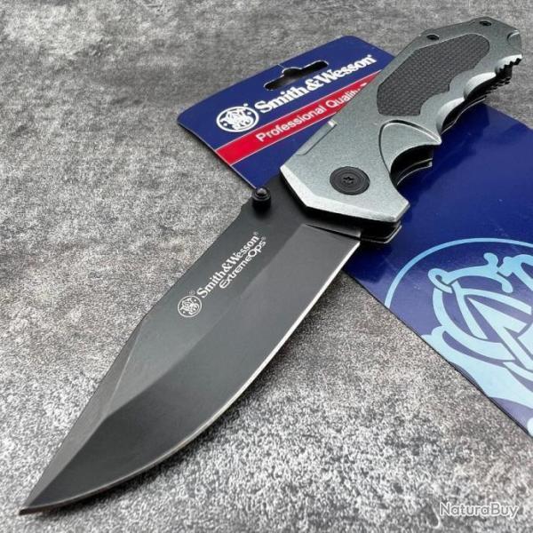 Couteau Smith&Wesson Extreme Ops Black/Gray Manche Alu Lame Acier Inox Scurit Linerlock Clip